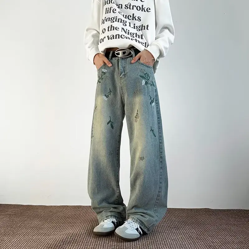 

Мужские синие мешковатые джинсы в стиле хип-хоп с вышивкой в стиле ретро, модные свободные уличные прямые джинсовые брюки Y2k, уличная одежда
