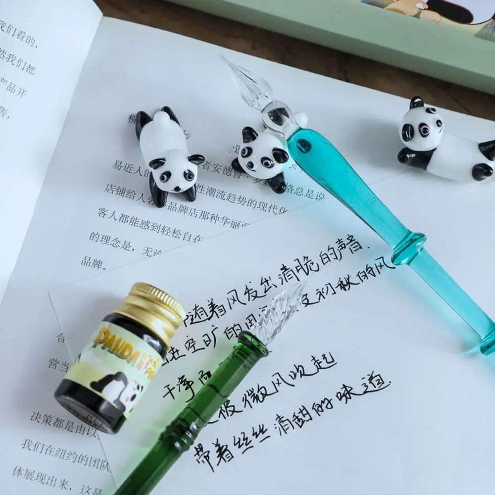 Pena Celup Kaca Seri Panda China-Chic Pena Tulis Pena Air Mancur dengan Pena Kaligrafi Kristal Tinta Alat Tulis Transparan