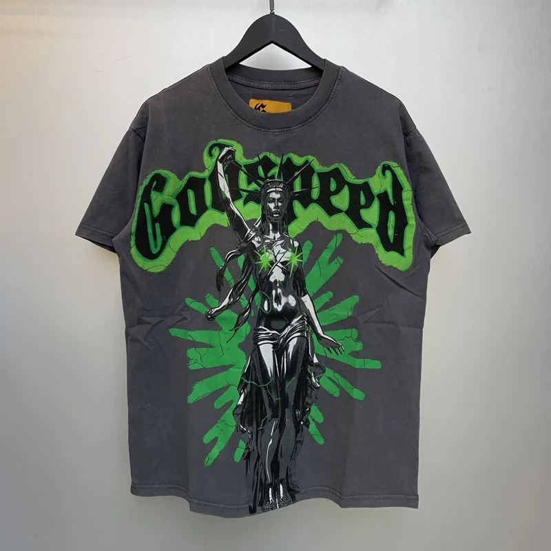 

GOD SPEED Modern Liberty T-Shirt American High Street Vintage Do Old Short Sleeve Tshirt for Men Women Clothing