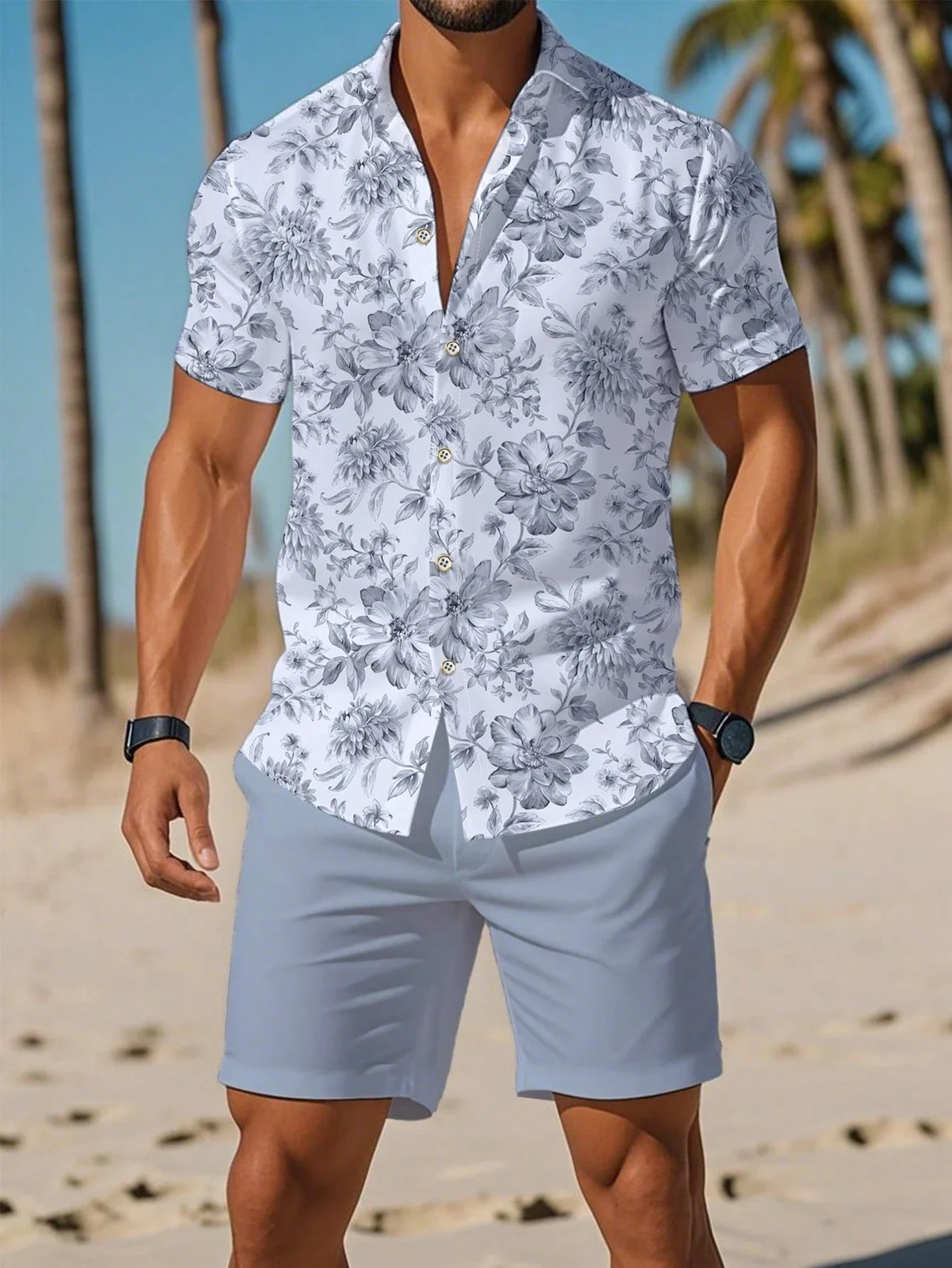 

Mens Gray Floral Short Sleeve Button-Down Shirt And Matching Shorts Set For Summer Casual Wear