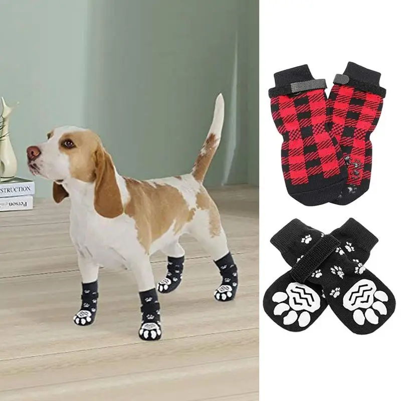 4PCS Double Side Anti-Slip Dog Socks with Adjustable Straps for Pet Paw Protector for Puppy Small Medium Large Dogs Indoor Wear