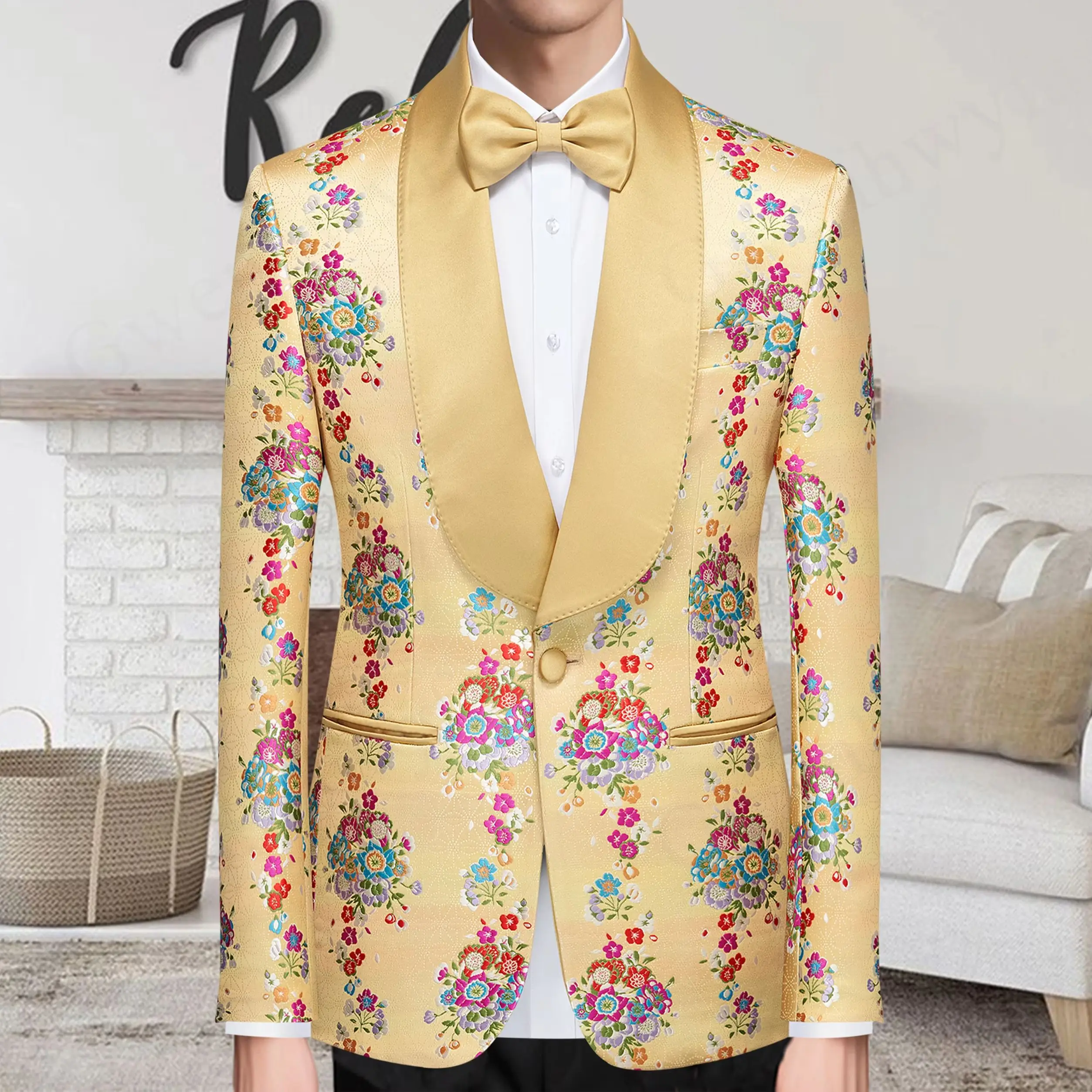 

Gwenhwyfar Champagne Color Pattern Fabric 2024 Fashion New Men's Business Single Breasted Suit Coat/Male Slim Fit Wedding 2 Pcs