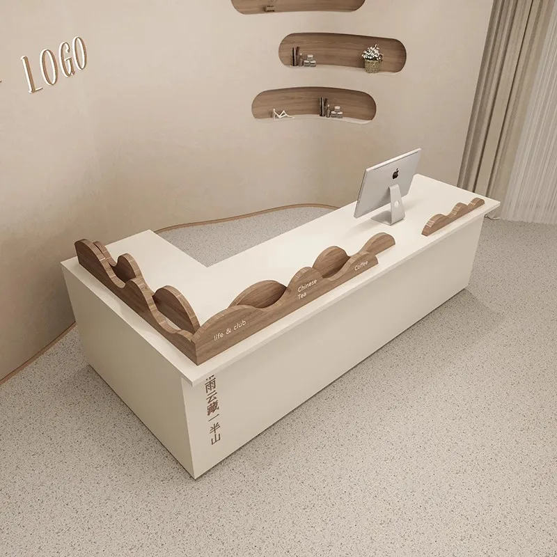 Cream wood style minimalist modern small beauty salon, milk tea shop, paint baking cashier