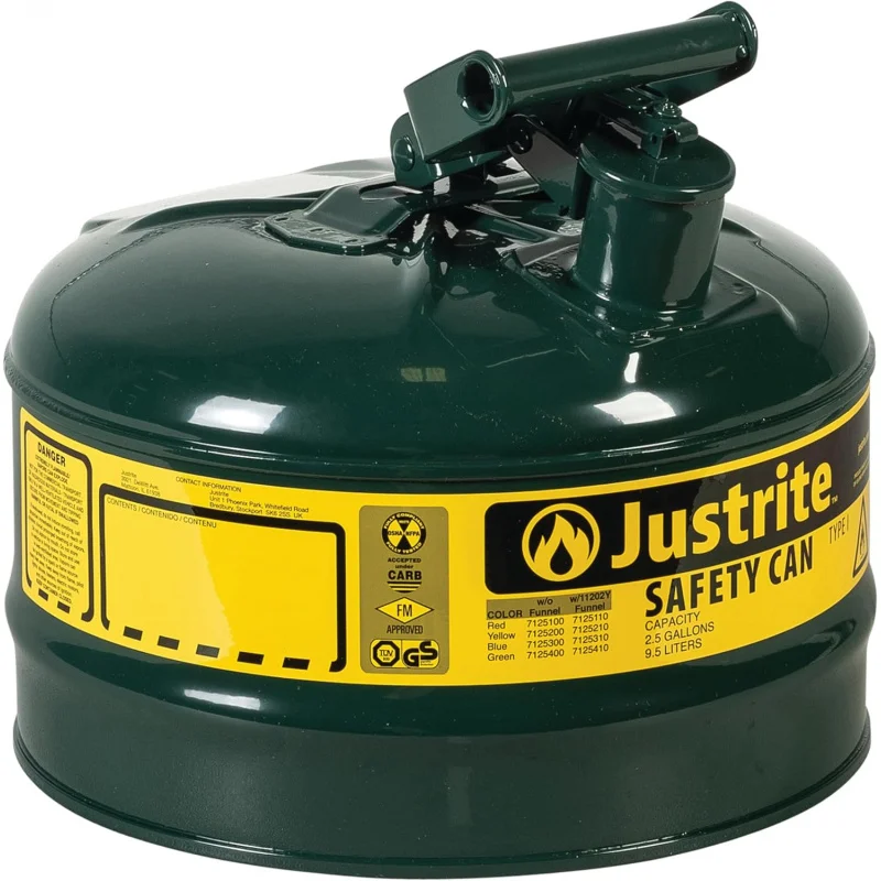 

2.5 Gallon Type I Green Safety Can forwith Flame Arrester and Self-Closing Lid, Made in USA, Galvanized Steel Flammable