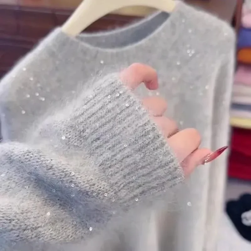 

Новая осенняя модная универсальная блестящая нежная стильная серая нижняя рубашка, женский элегантный высококачественный свитер