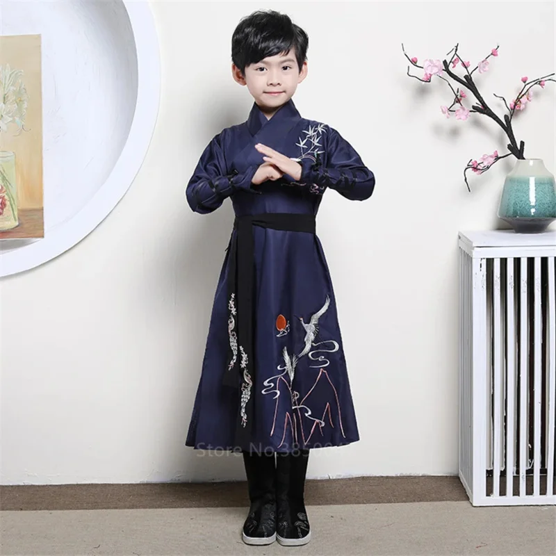 Hanfu ชุดจีนดั้งเดิมเด็กแบบนกกระเรียนโบราณชุดเต้นรำชุดจีนเด็กผู้ชายเด็กผู้หญิงชุดปาร์ตี้เสื้อผ้าปีใหม่