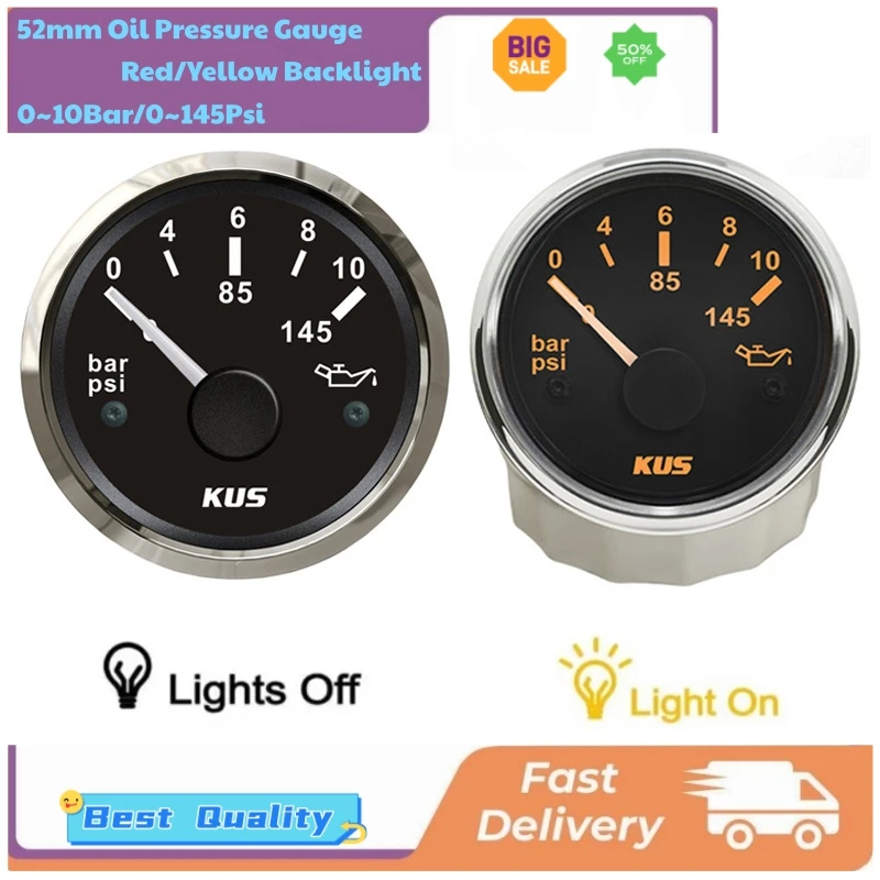 KUS Auto Truck 52mm Oil Pressure Gauges 0-145Psi Marine Waterproof Oil Pressure Meters 0-10bar 12V/24V with Red Yellow Backlight