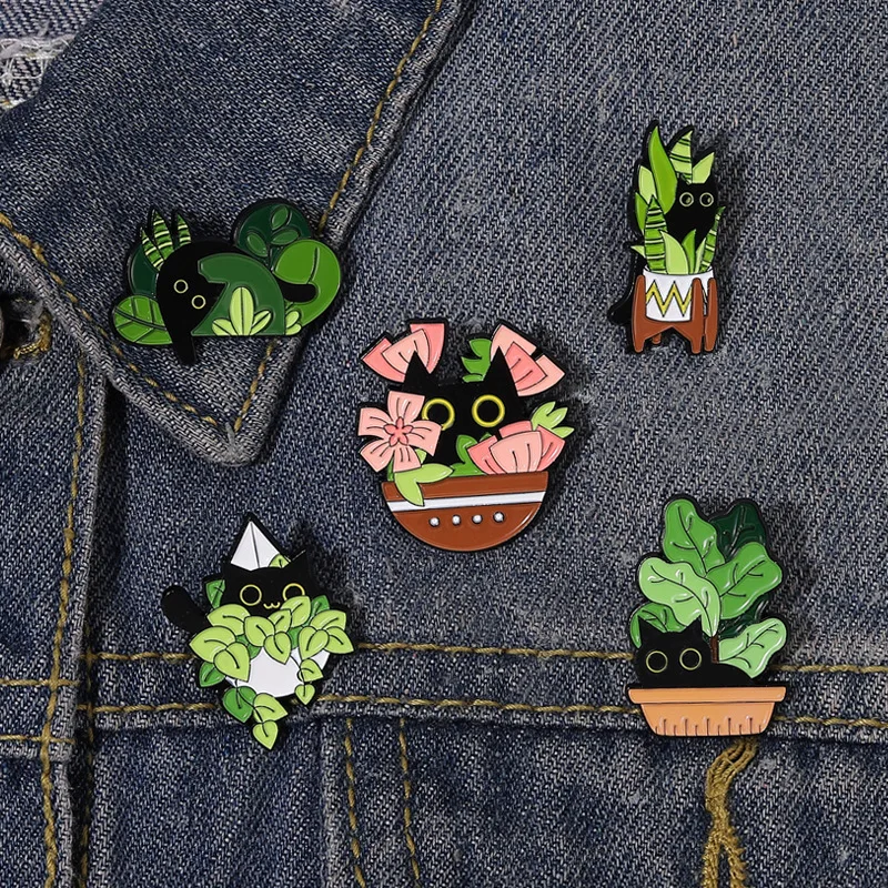 Cats in Plants Enamel Pins Custom Black Cat Potted Plant Brooches Lapel Badges Fun Animal Plant Jewelry Gift for Kids Friends