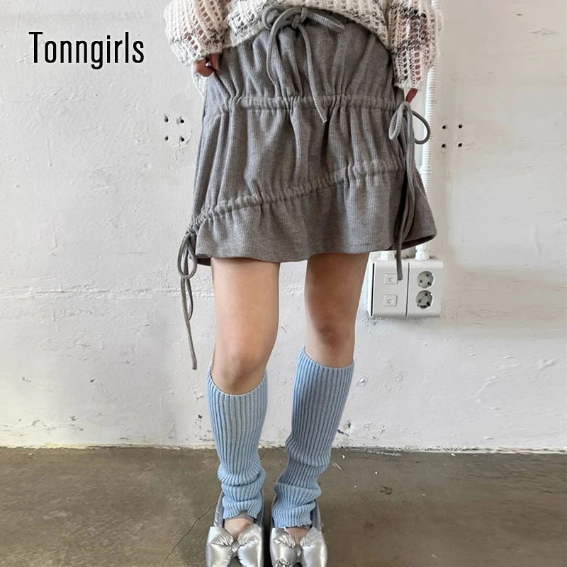 

Tonngirls Korean Style Threaded Skirt Women Drawstring Bow Pleated Skirt Y2k Vintage A-line Skirt Japanese 2000s Streetwear