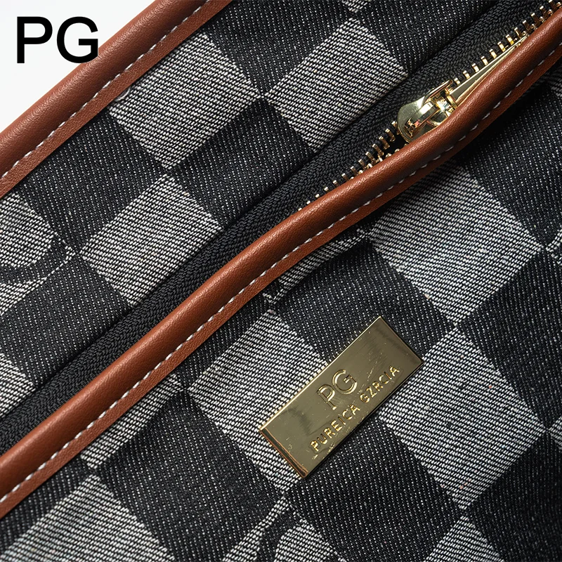 Bolso tipo tote con diseño de tablero de ajedrez, para mujer, de gran capacidad, con detalles en cuero y asa de lona, ideal para el uso diario, para ir al trabajo o para viajar.