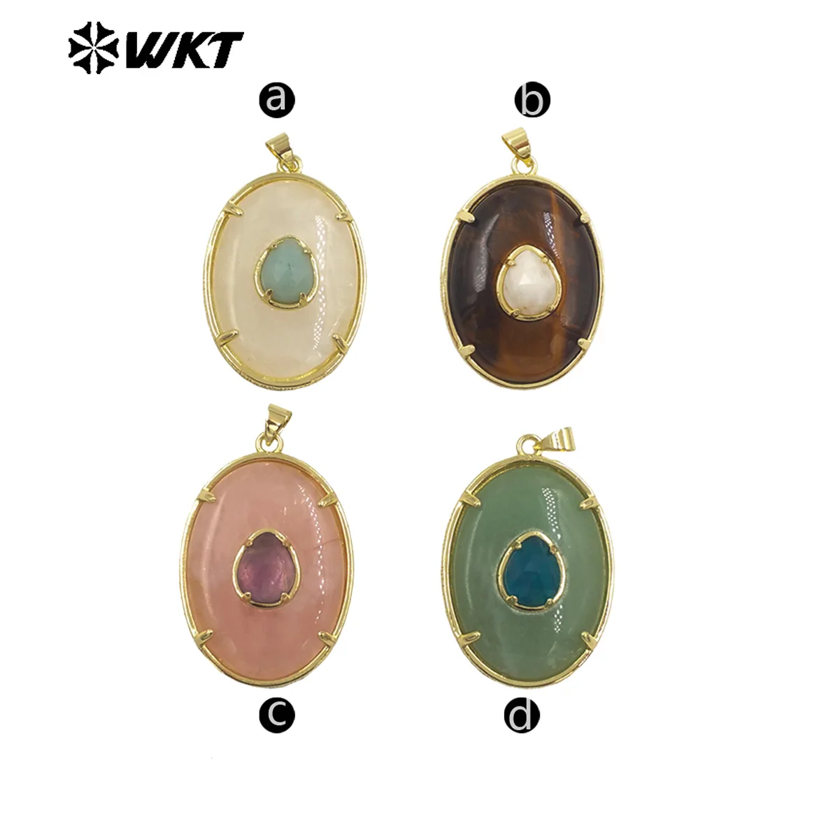 WT-P2066 Smooth Texture Pink Green&White Gemstone With Bright Surface Pendants Zircon Paved Handmade Findings