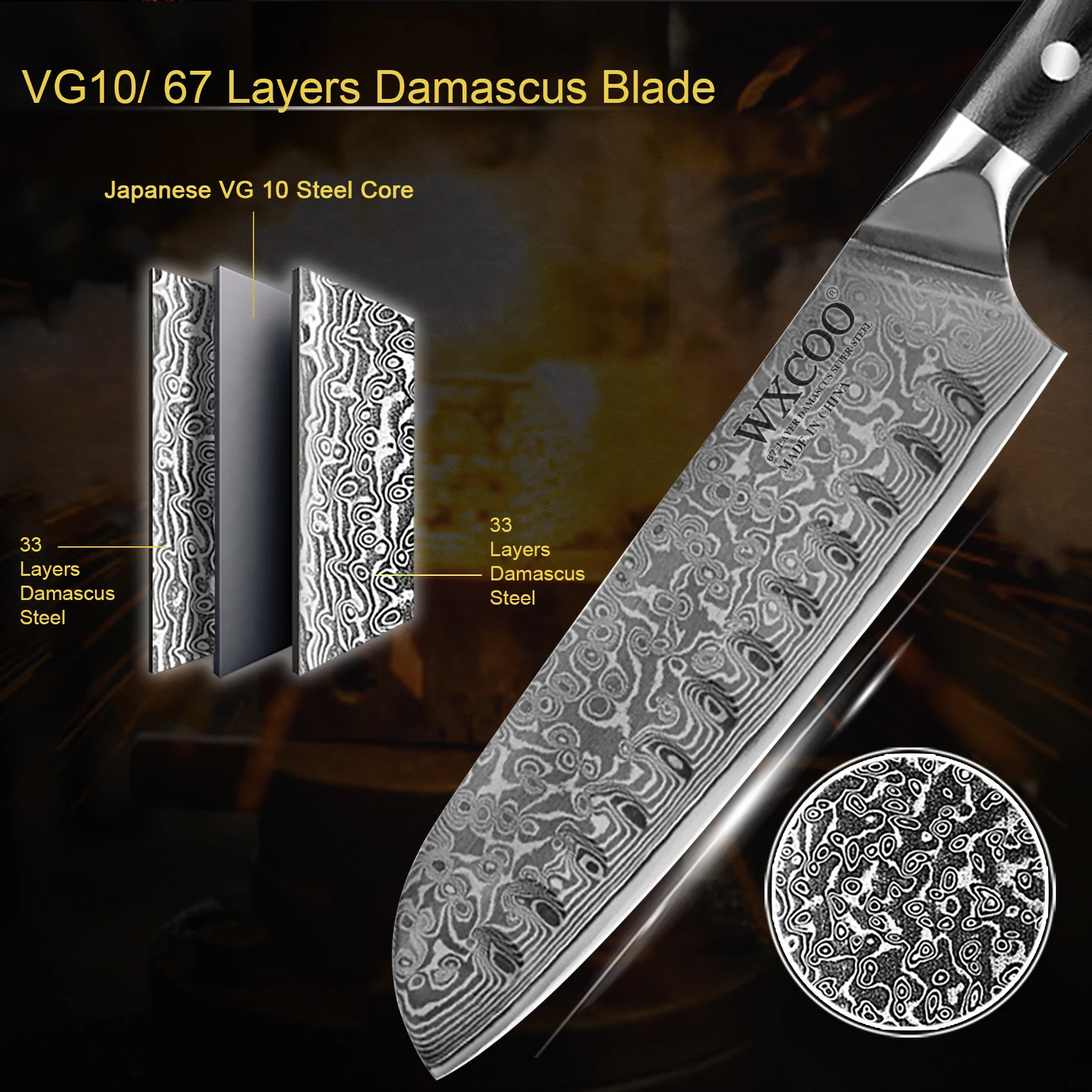 Cuchillo Santoku de acero damasco japonés, 67 capas, cuchillo de cocina profesional, mango ergonómico, cuchillo de Chef multifuncional