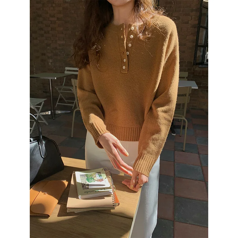 Knitted Wool Cropped Henley Sweater Raglan Sleeve Jumper