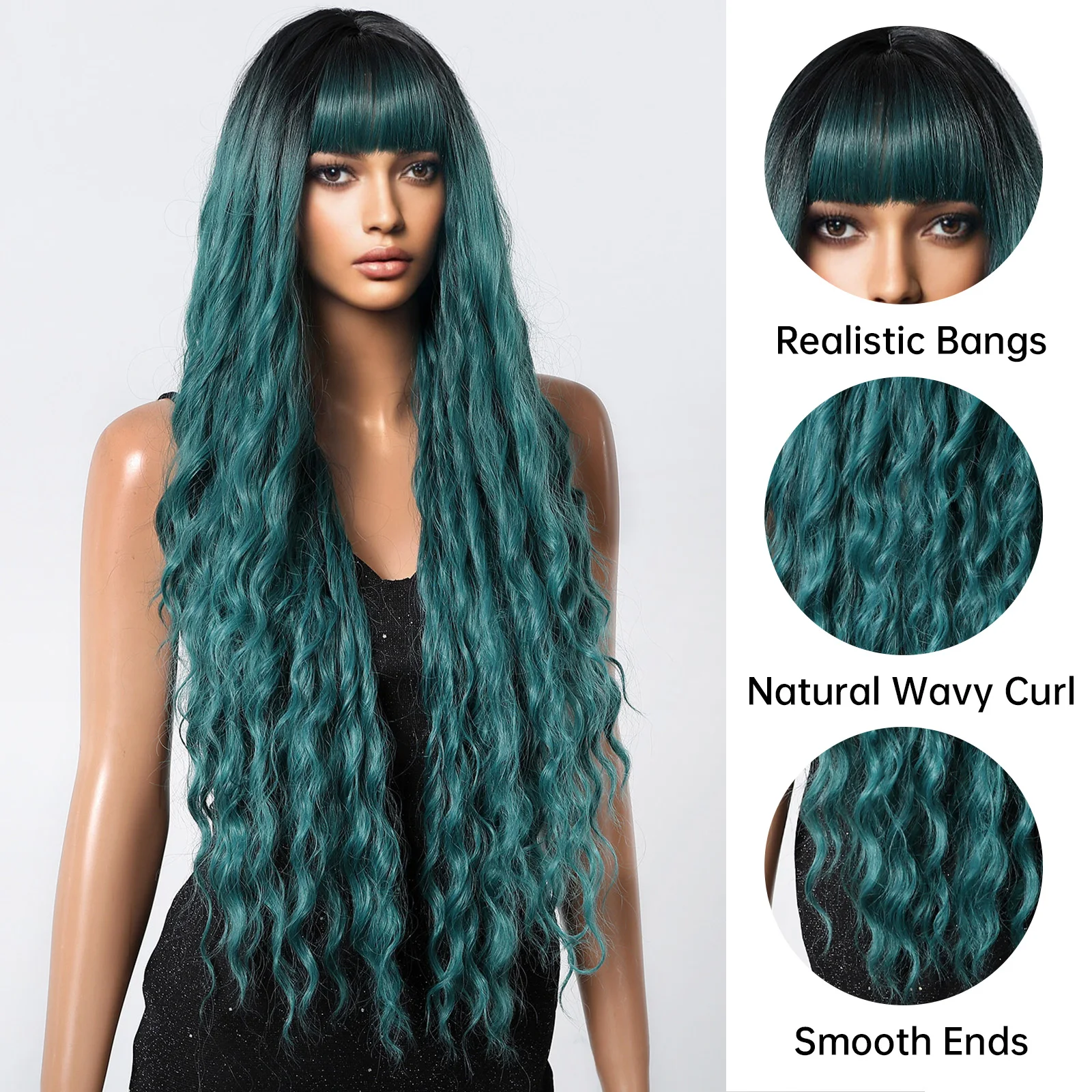 Long Curly Synthetic Wigs Dark Green Cosplay Natural Wig with Bangs Loose Wavy Wigs Women Green Ombre Fake Hair for Party Use