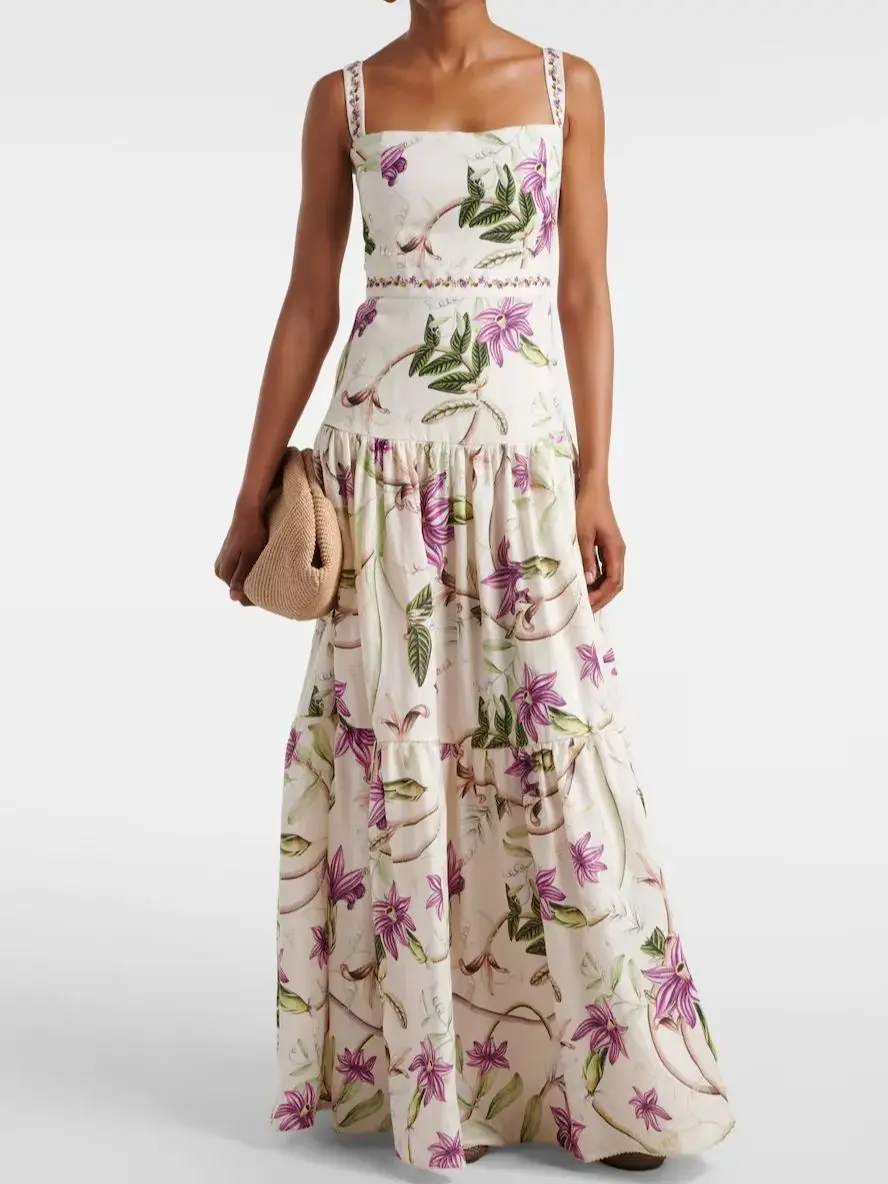 Robe Maxi de vacances en lin pour femmes, imprimé floral violet, broderie, taille haute, sans manches, élégante, 100%