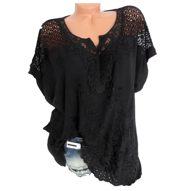 Large Size Loose Short Sleeve Lace Shirt Women Fashion Cotton Blouses 2022 Summer Mesh T-shirt Tops Sexy Elegent Female Shirt