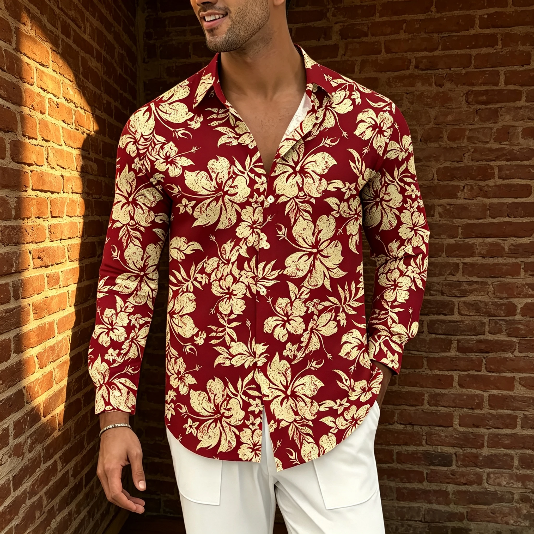 Men's collared loose-fitting long-sleeved shirt, Hawaiian print floral lightweight shirt, island beach vacation casual cardigan