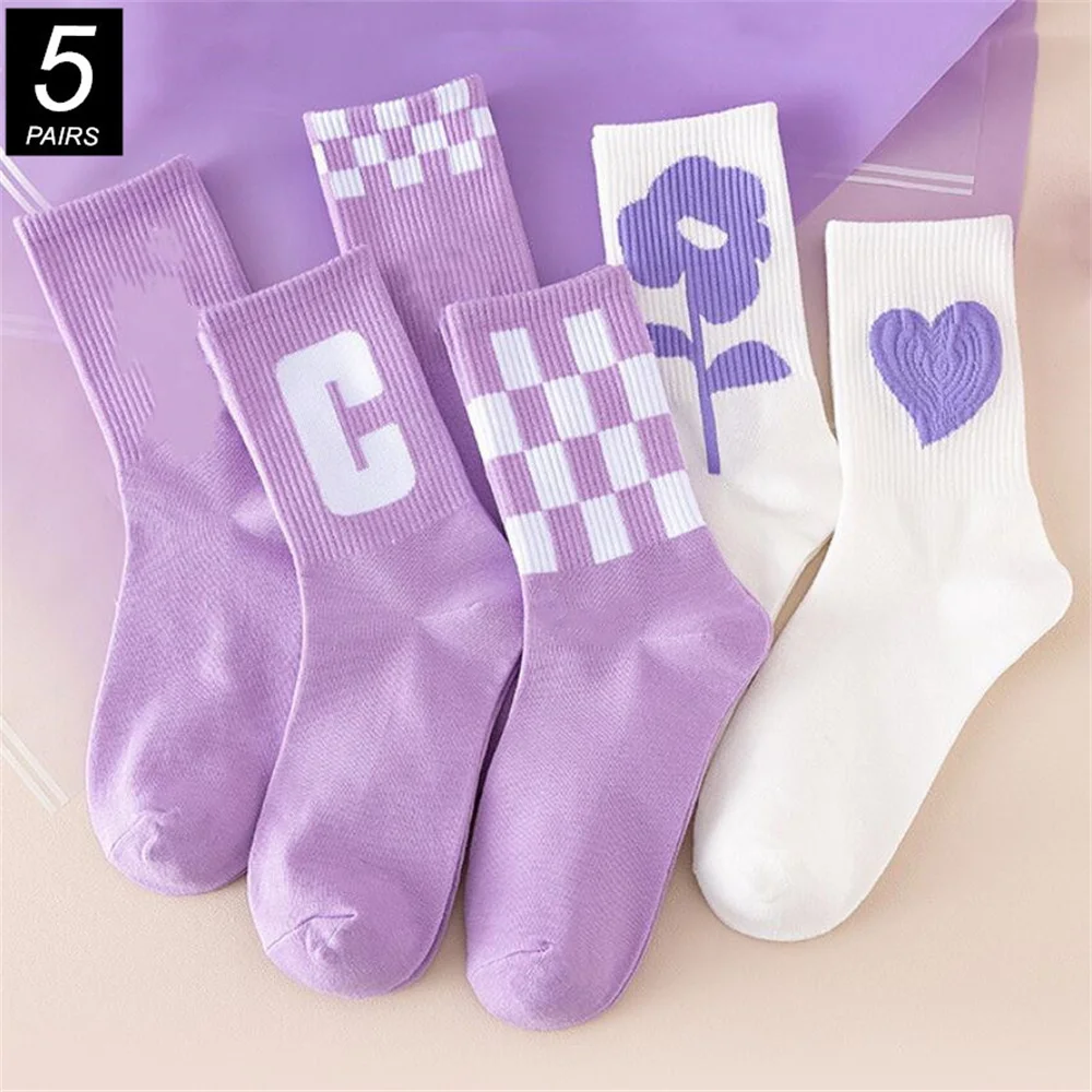 5 Pairs/Pack Spring Autumn Thick Polyester Cotton Purple/White Socks Women High Elastic Mid Tube Socks for Sweet Girls Students