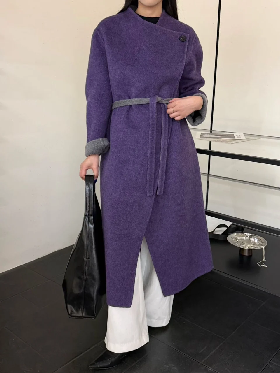Women Premium Wool Outer Garments Autumn Winter Temperament Elegant Long Overcoat Contrast Lapel Wrap Belt Side Pocket Wool Coat