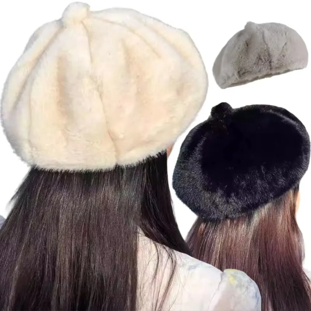 Leopard Print Faux Rabbit Fur Beret Flush Furry Thicken Painter Beret Hat Solid Color Keep Warm Octagonal Beanie Cap Women Girl
