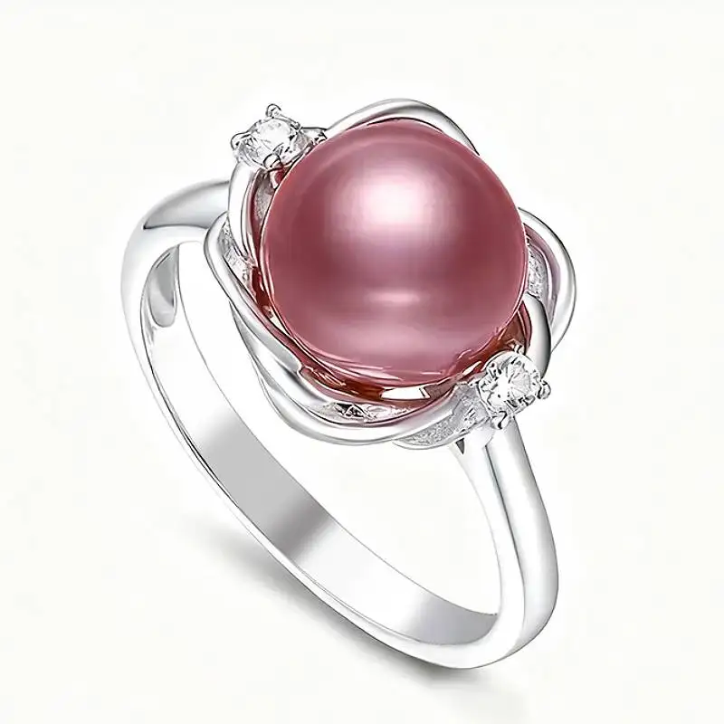 Huitan Ästhetisches Blumendesign Damen Silberfarbener Ring Rosa Imitationsperle Hochzeit Verlobung Accessoires Schmuck mit CZ-Einlage