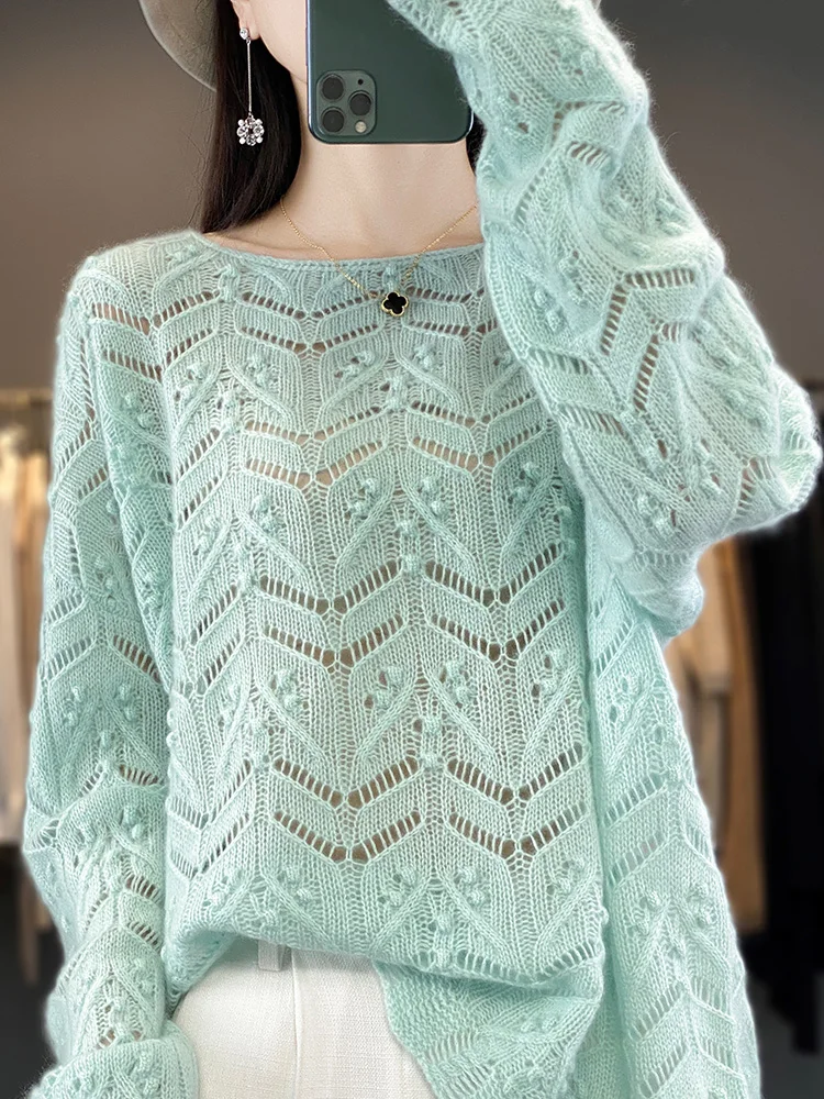 Women's Hollow Out Long Sleeve Knitted Sweater, O-Neck, Loose Casual Pullover, 100% Cashmere Tops, Spring and Autumn Fashion - Detail 1