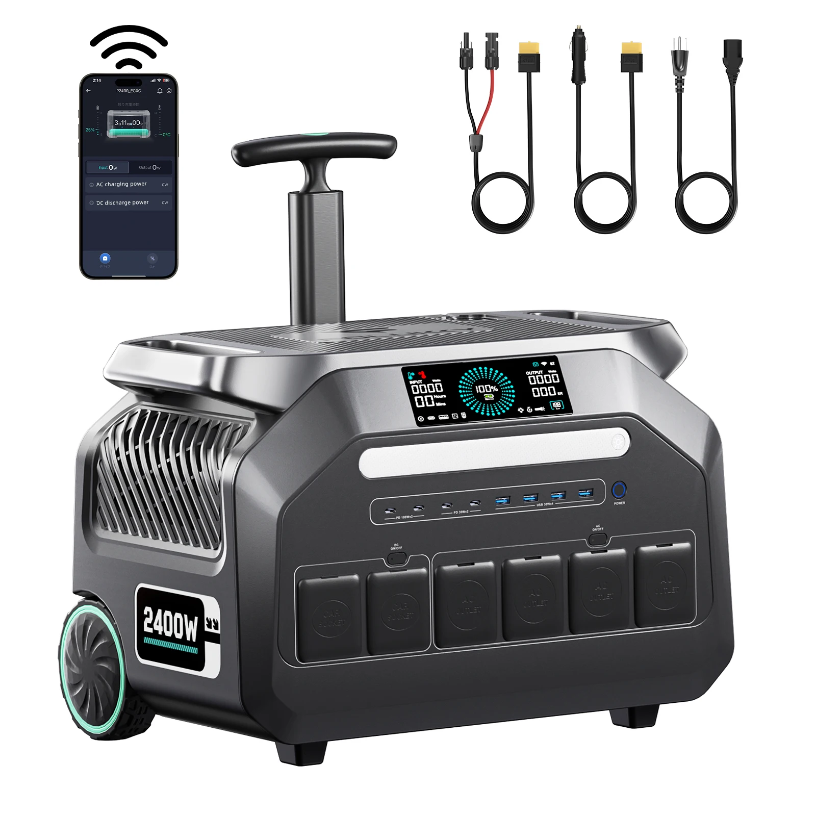 IEETek P2400 Camping-Powerstation mit 2400W Leistung (4800W Maximalleistung), Solar-Generator mit Trolley, 2048Wh LiFePO4-Akku, APP-Steuerung, 16 Verschiedene Ausgangsanschlüsse