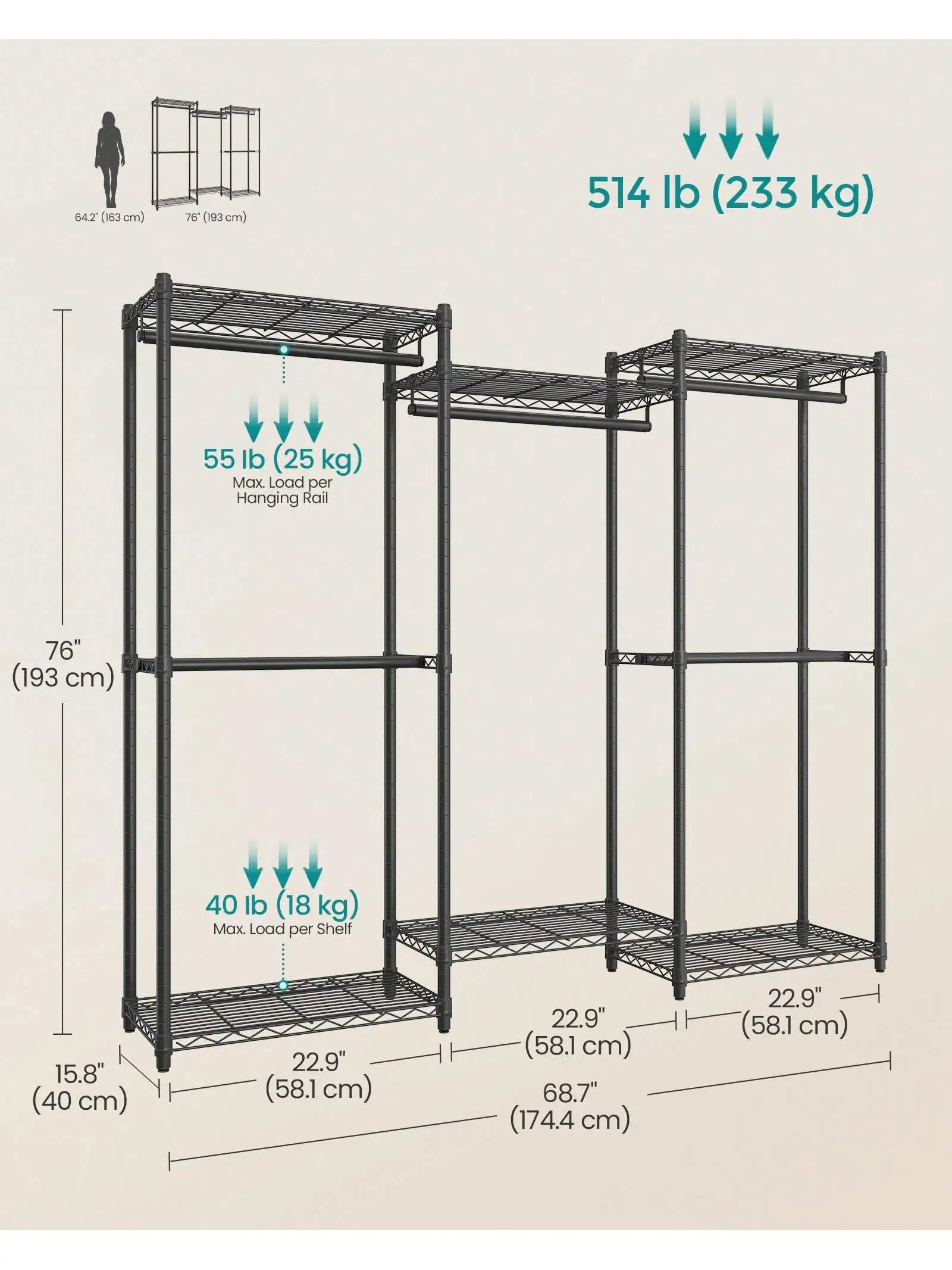 SONGMICS Garment Rack, Heavy-Duty Clothes Rack, Portable Closet Rack, 68.7-Inch Wide Clothing Rack With Adjustable Mesh Shelv