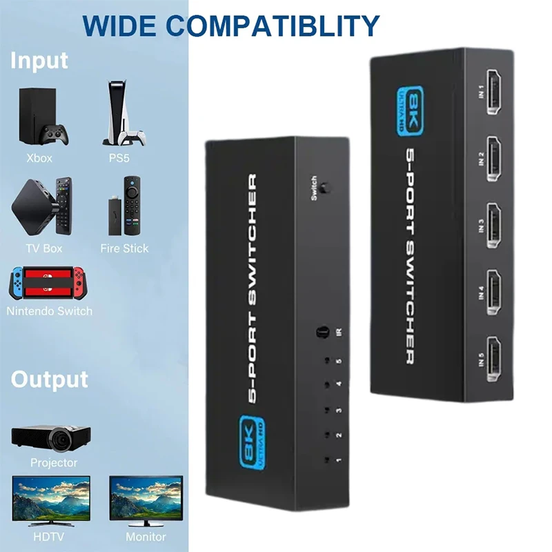 HDMI 2.1 Switcher 8K 60Hz 4K120Hz HDMI-compatible Switch 5 in 1 Out with Remote Control Converter For Xbox PS5 Monitors