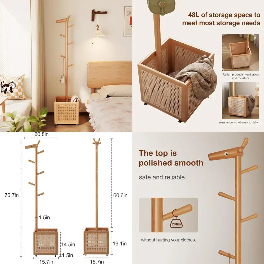 

Sturdy Wooden Freestanding Coat Tree for Home Entrance, Bedroom, and Living Room in Natural Finish