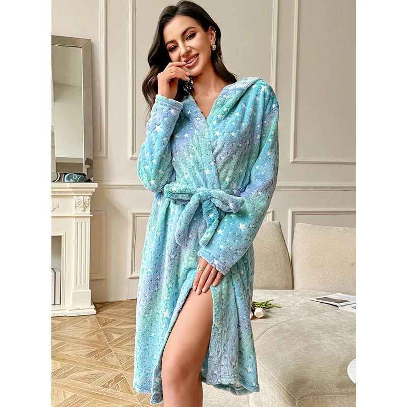

New autumn and winter fluffy loose bathrobes, long-sleeved double-sided fleece lace-up warm pajamas, home wear and morning gowns