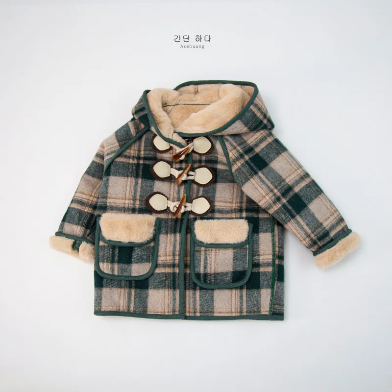 Boys And Girls Woolen Coat Autumn Winter Children\'s Fleece-added Integrated Fleece-fried Street Plaid Coa