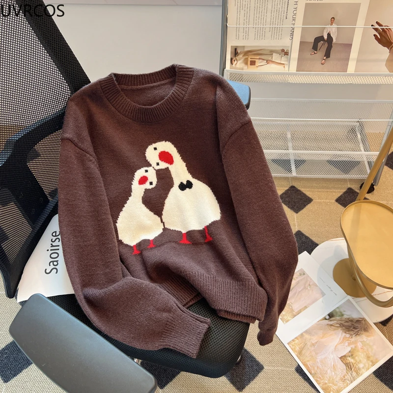 Harajuku Y2k Cartoon Goose Print Knitted Pullover Women Autumn Winter Sweet O Neck Long Sleeves Sweater Coat Loose Knitwear Tops