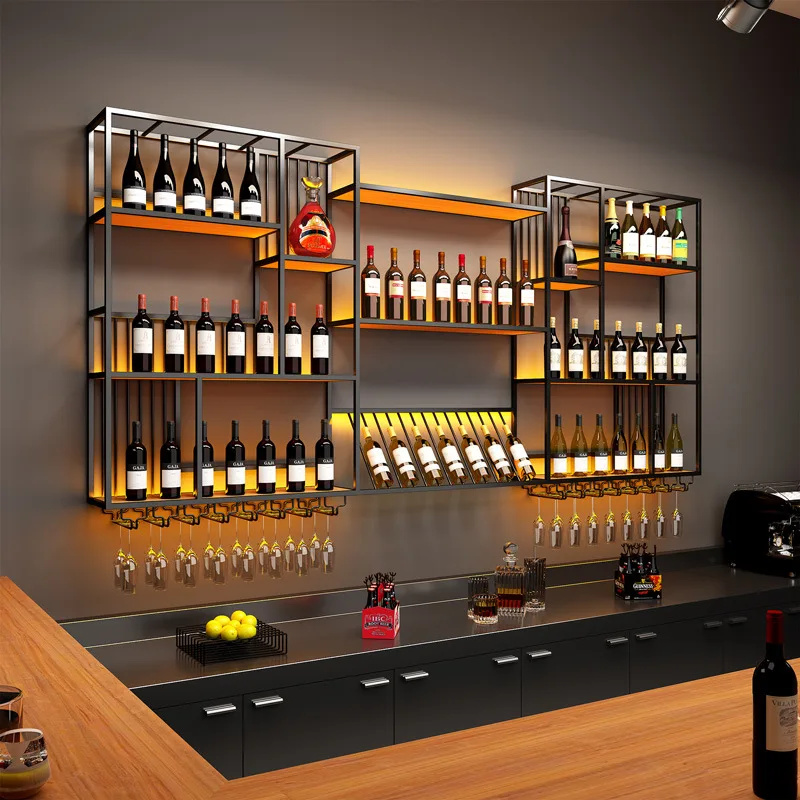 Modern Simple Wall-mounted Red Wine Rack Restaurant Bar Counter Wall Multi-layer Wine Display Upside Down Goblet Integrated Rack