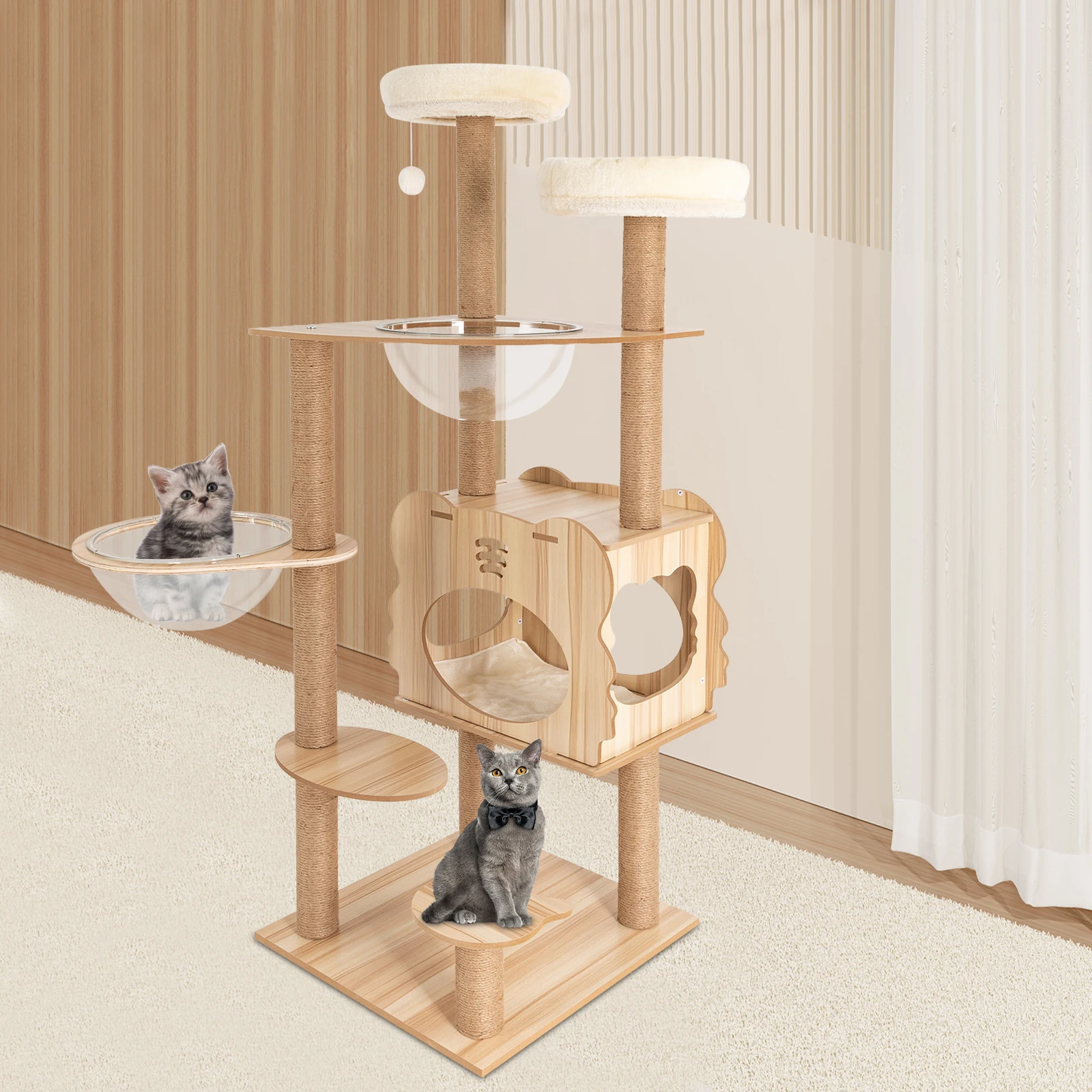 Cat Tree 54 -Inch Modern MDF Cat Tower for Indoor Cats Multi-Level Cat Condo for Large Cat with Scratching Posts Brown