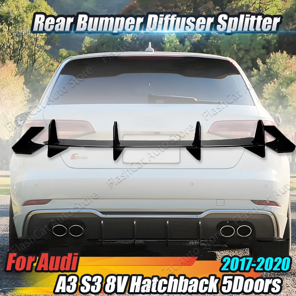8V S3 車のリアバンパーリップスポイラー 4 フィンシャークスタイルディフューザースプリッターチューニングブラックアウディ S3 8V ハッチバック 5 ドア 2017-2020