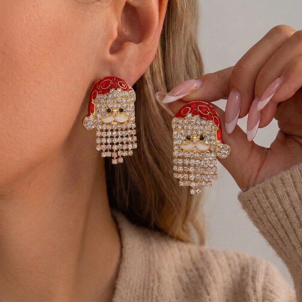 Luxuriöse Glänzende Strass-Weihnachtsmann-Ohrhänger für Damen Imitationsperlen Weihnachts-Quastenohrringe Partyschmuck – Detail 2