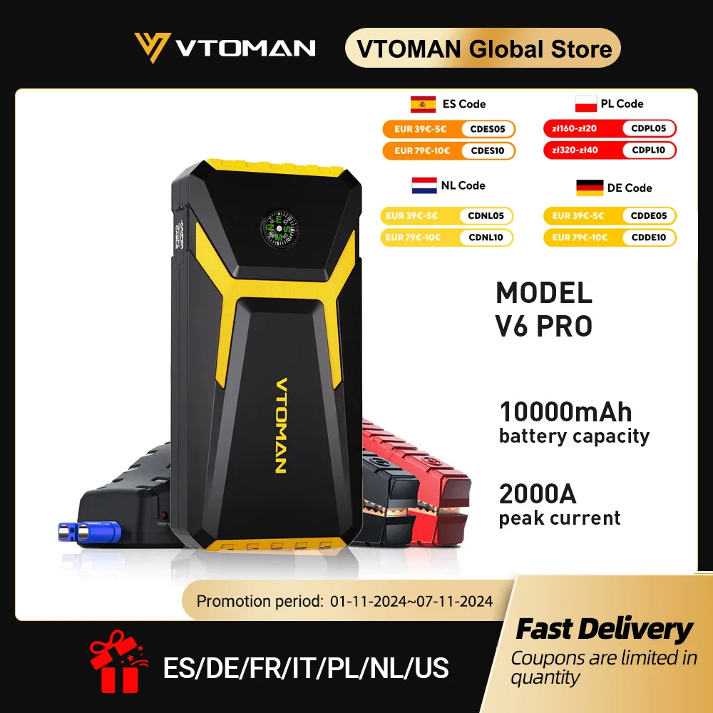 VTOMAN V6 Pro Car Jump Starter Power Bank 2000A Car Battery Charger Auto Emergency Booster Starting Device Jump Starter