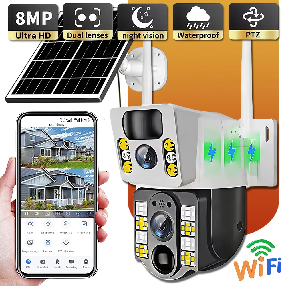 Cámara Solar Wifi inalámbrica con batería integrada, cámaras de vigilancia para el hogar con visión nocturna HD de 8MP, cámara de protección de seguridad para exteriores de 8MP
