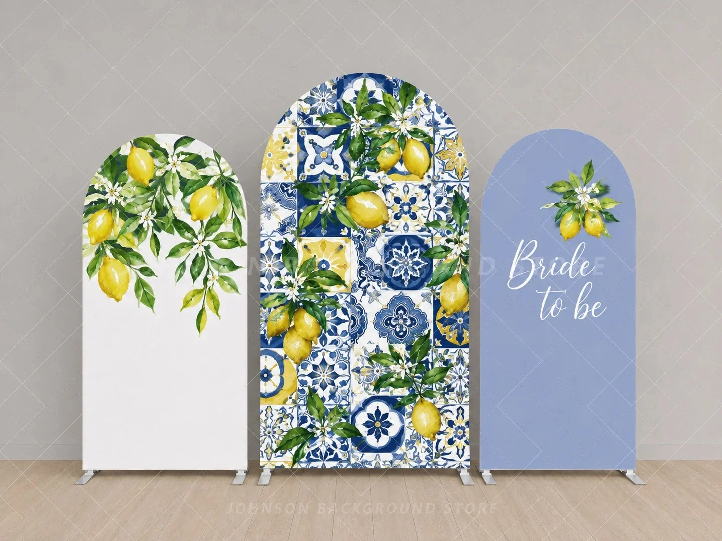 Lemon Bridal Shower Arch Backdrop Cover Bride To Be Blue Mediterranean Tile Lemon Floral flower Three Wedding Party Background
