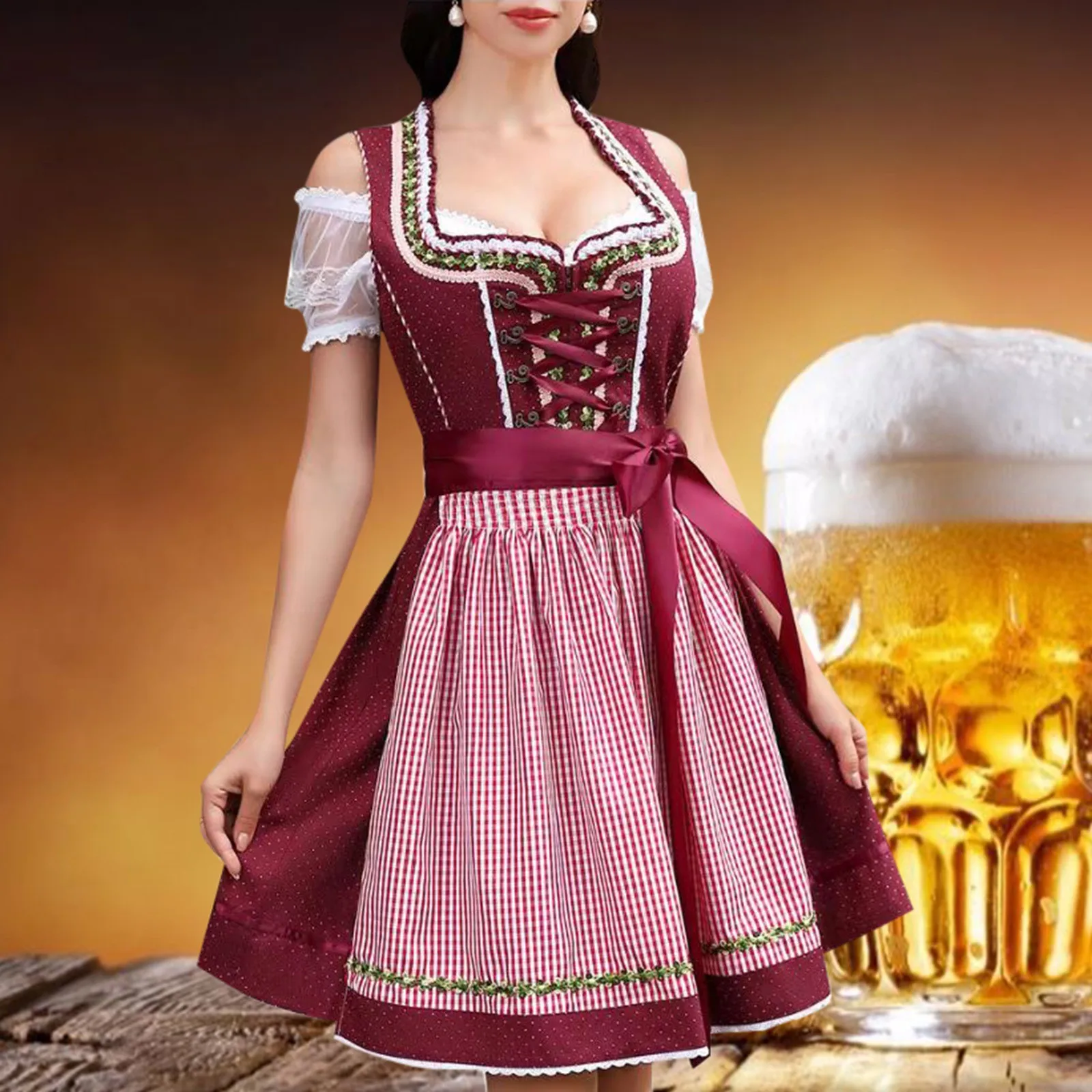 

Short Sleeve Lace-Up Plaid Embroider Dress Octoberfest Women Costume Dress Dirndl Traditional German Beer Festival Lady Clothing