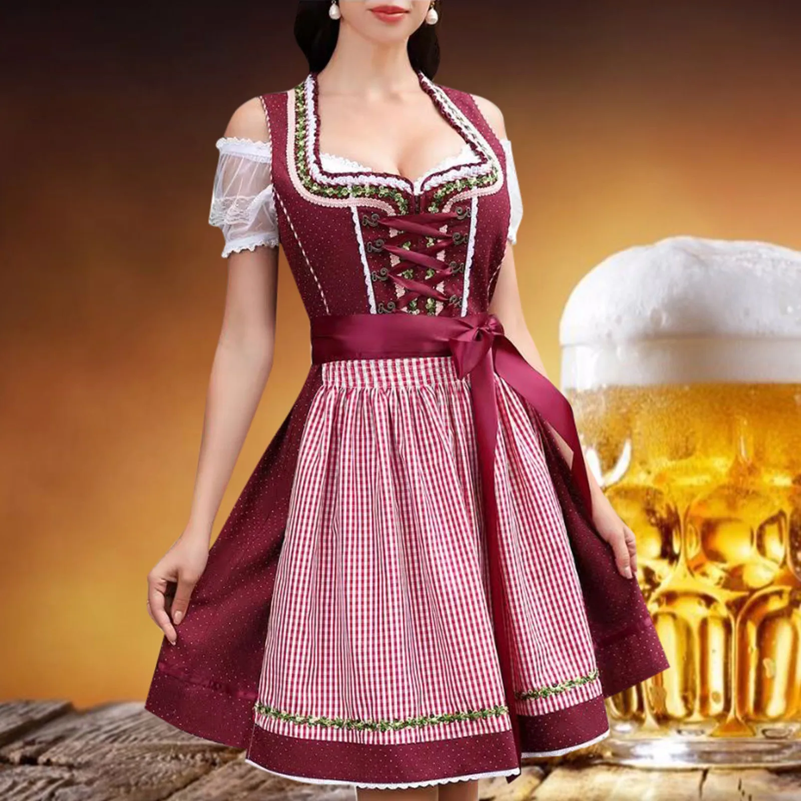 Short Sleeve Lace-Up Plaid Embroider Dress Octoberfest Women Costume Dress Dirndl Traditional German Beer Festival Lady Clothing