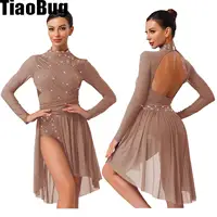 Vestido de baile lírico para mujer, vestido de leotardo de una pieza con espalda descubierta y manga larga con diamantes de imitación, traje de danza contemporánea de Ballet moderno
