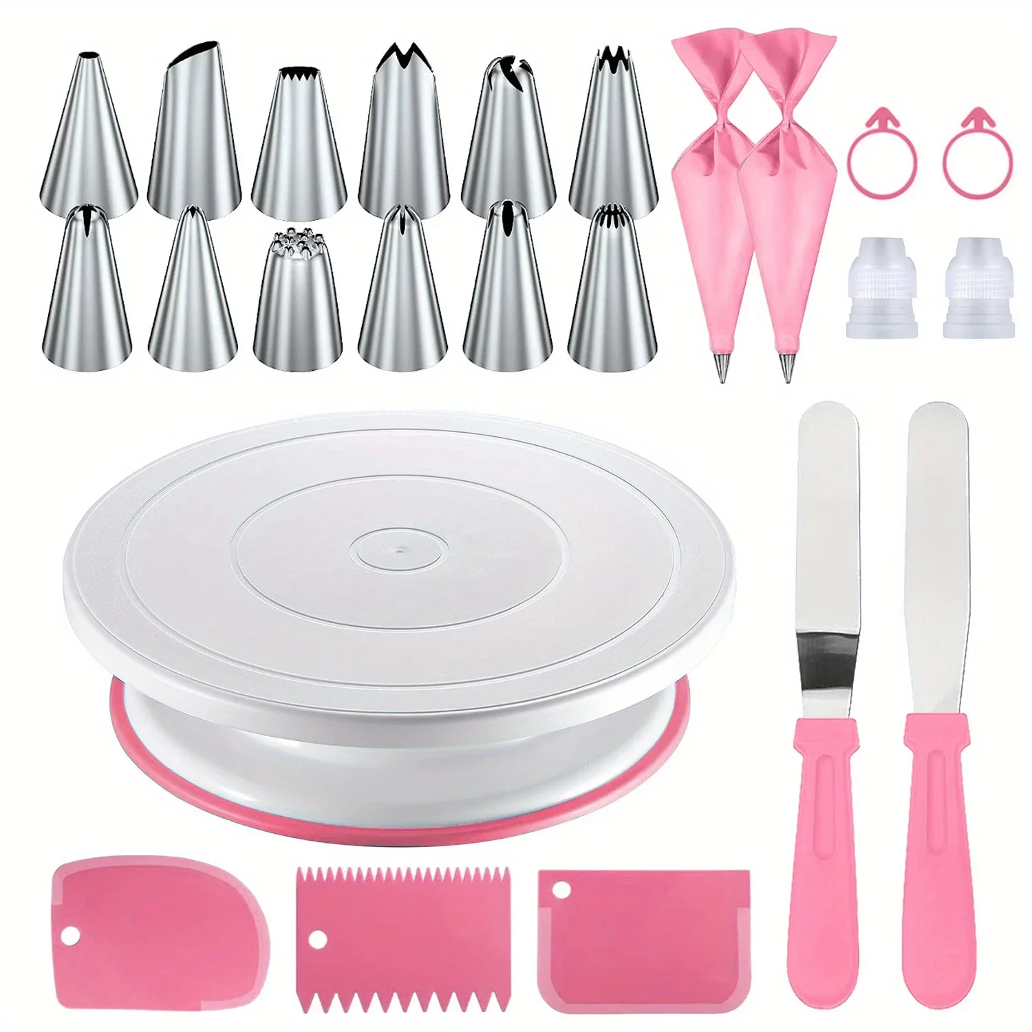 

24PCS Cake Turntable Decorating Supply Set with Reusable Bags Silicone Rings Spatula for Effortless Baking Artistry Baking Tools