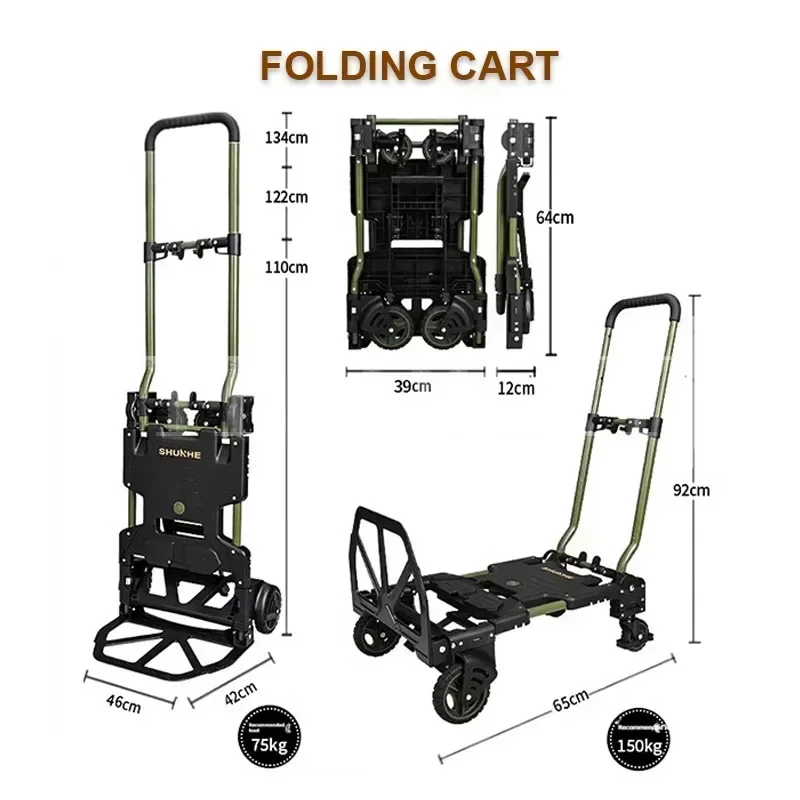 Multifunctional Folding Trolley Four Wheel Flatbed Truck Household Luggage Cart Portable Handcart Outdoor Camping Wagon 150kg