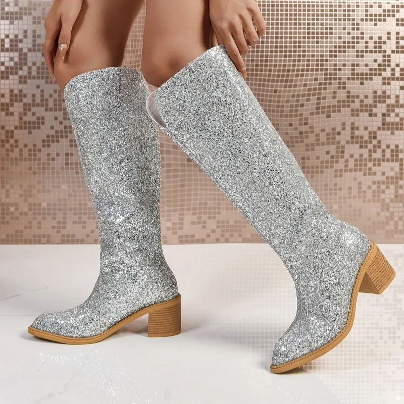 

Высокие сапоги, осенние новые нескользящие одинарные сапоги на блочном каблуке с острым носком и рукавами с пайетками