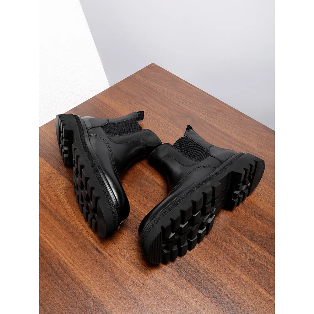 Men's Full Grain Calfskin Boots British Brogue High Top Genuine Leather Thick Sole Boots Fleece Lined Short Boots Spring