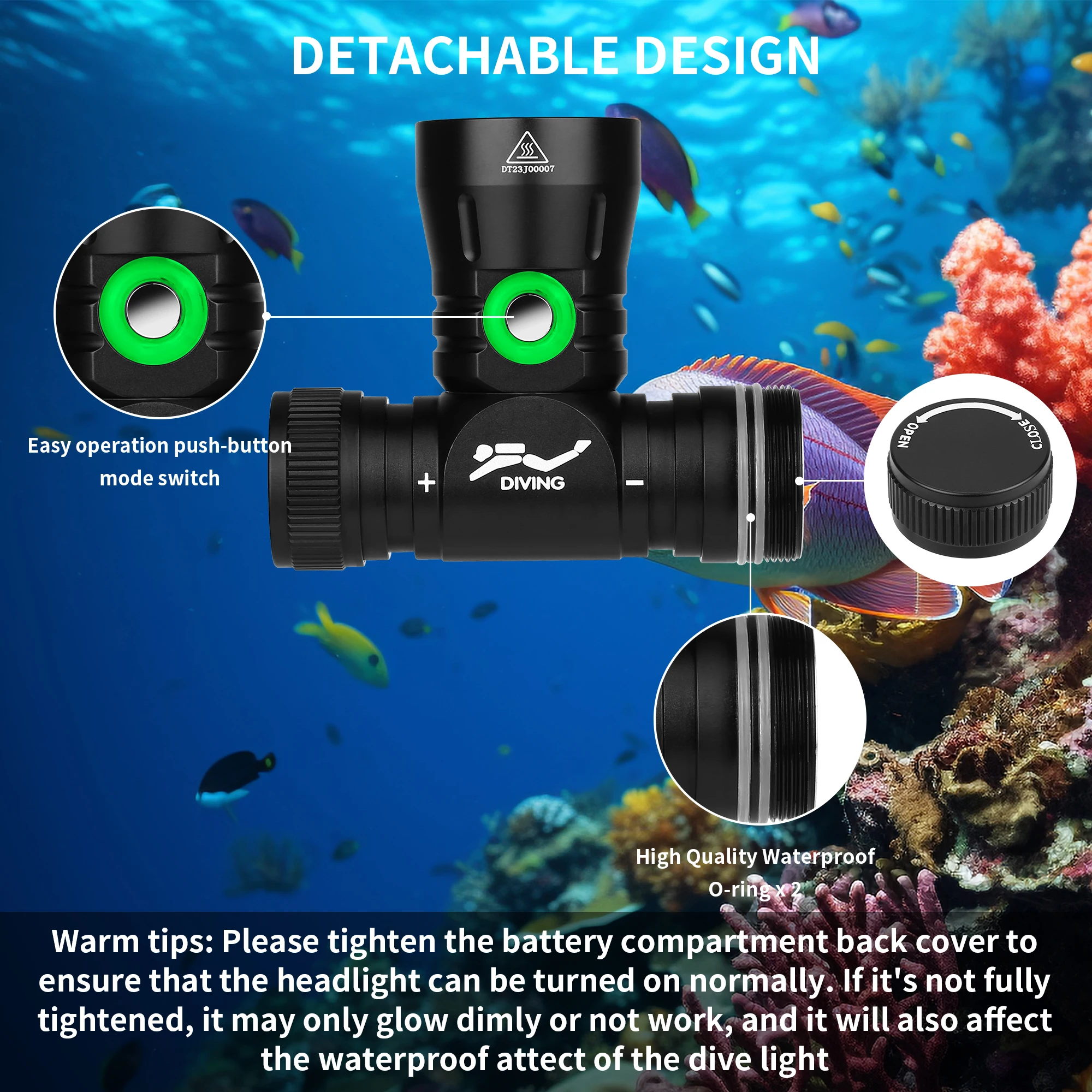 Asafee DH100 Diving Headlamp Underwater Hunting Torch Rechargeable Dive Head Lamp