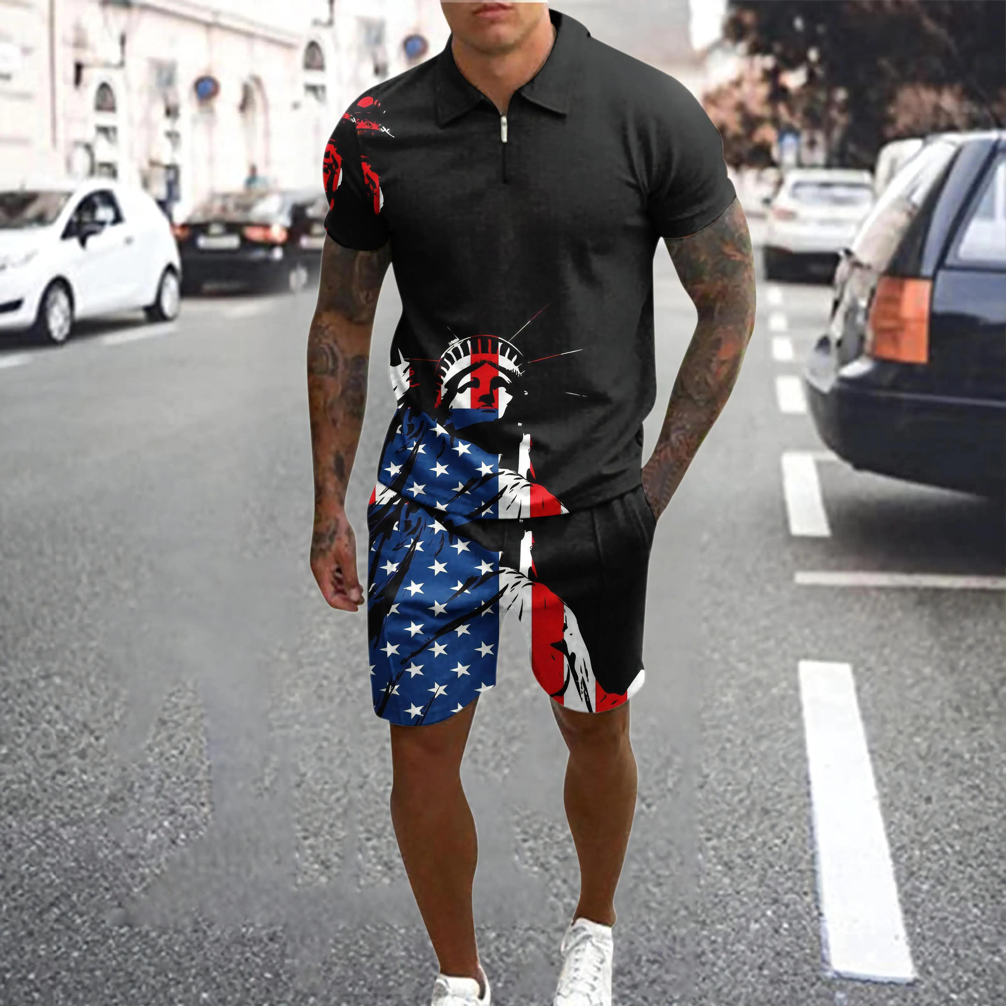 

Мужские комплекты поло США Статуя Свободы с 3D принтом Американский стиль Рубашки поло для гольфа Шорты Костюмы из 2 предметов Рубашка с короткими рукавами Короткие брюки