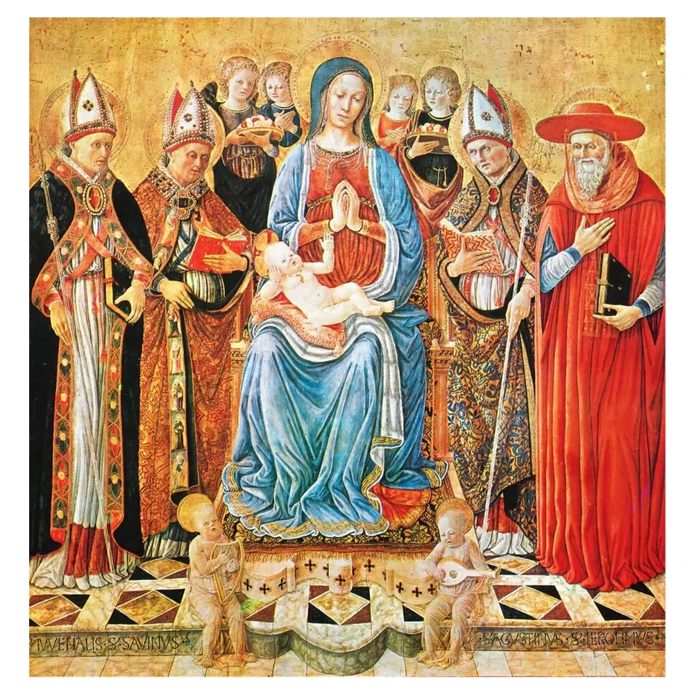 Oil Painting The Virgin Mary And Child Surrounded By Four Saints And Angels